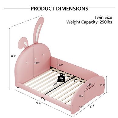 Pnronnc Twin Upholstered Rabbit Bed Princess Platform Bed Frame with Headboard & Footboard for Girls