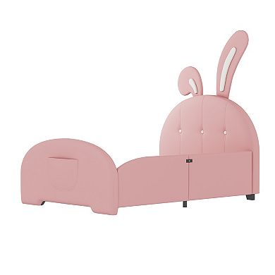 Pnronnc Twin Upholstered Rabbit Bed Princess Platform Bed Frame with Headboard & Footboard for Girls