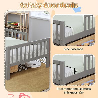 Pnronnc Twin Bed Frame with Headboard Storage Rack, 2 Under-Bed Drawers and Safety Guardrails