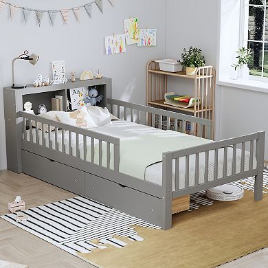 Pnronnc Twin Bed Frame with Headboard Storage Rack, 2 Under-Bed Drawers and Safety Guardrails