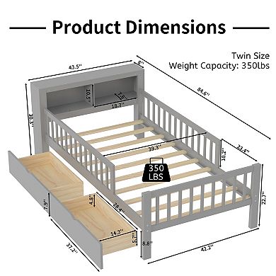 Pnronnc Twin Bed Frame with Headboard Storage Rack, 2 Under-Bed Drawers and Safety Guardrails