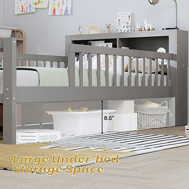 Pnronnc Twin Bed Frame with Headboard Storage Rack, 2 Under-Bed Drawers and Safety Guardrails