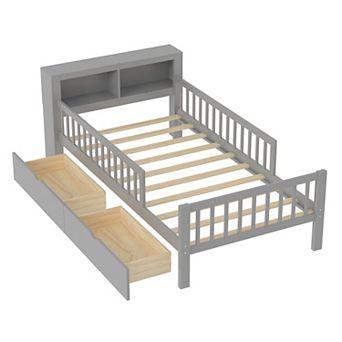 Pnronnc Twin Bed Frame with Headboard Storage Rack, 2 Under-Bed Drawers and Safety Guardrails