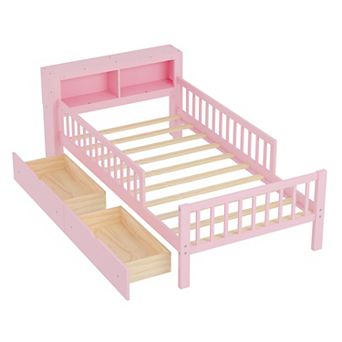 Pnronnc Twin Bed Frame with Headboard Storage Rack, 2 Under-Bed Drawers and Safety Guardrails