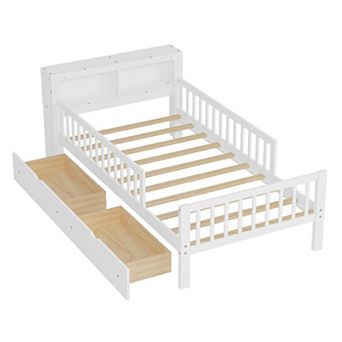 Pnronnc Twin Bed Frame with Headboard Storage Rack, 2 Under-Bed Drawers and Safety Guardrails