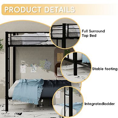Pnronnc Metal Bunk Bed Frame for Kids and Teens, Ladders on Both Sides, Guardrails