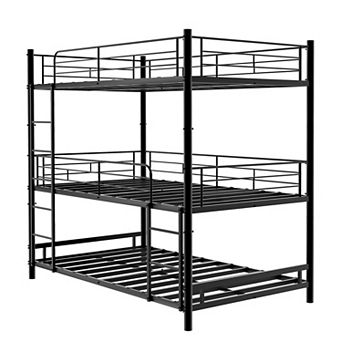 Pnronnc Twin Triple Bunk Bed Metal Bed Frame with Built-in Ladder & Guardrails for Kids, Teens