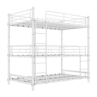 Pnronnc Twin Triple Bunk Bed Metal Bed Frame with Built-in Ladder & Guardrails for Kids, Teens