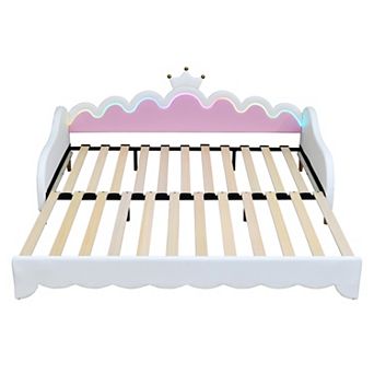 Pnronnc Upholstered Twin Extending Daybed with LED Lights Princess Bed with Crown Headboard for Kids