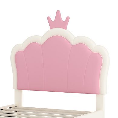 Pnronnc Upholstered Princess Bed Frame with Crown Headboard, PU Leather Platform Bed for Girls