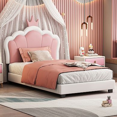 Pnronnc Upholstered Princess Bed Frame with Crown Headboard, PU Leather Platform Bed for Girls