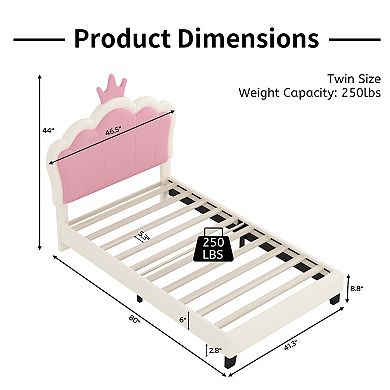 Pnronnc Upholstered Princess Bed Frame with Crown Headboard, PU Leather Platform Bed for Girls