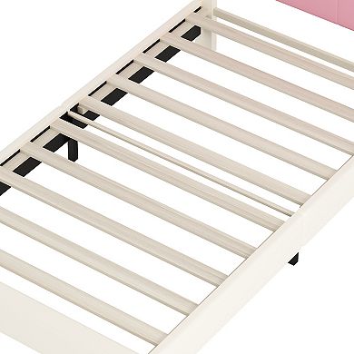 Pnronnc Upholstered Princess Bed Frame with Crown Headboard, PU Leather Platform Bed for Girls