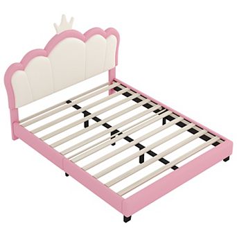 Pnronnc Upholstered Princess Bed Frame with Crown Headboard, PU Leather Platform Bed for Girls