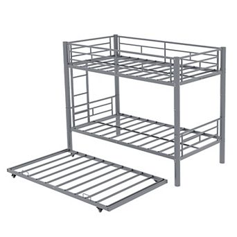 Pnronnc Metal Twin Bunk Bed Frame, Convertible Metal Bed with Ladder, Guardrails, Steel Slats