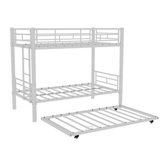 Pnronnc Metal Twin Bunk Bed Frame, Convertible Metal Bed with Ladder, Guardrails, Steel Slats