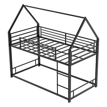 Pnronnc Roof Design Twin Bunk Bed for Kids, Metal Bunk Bed Frame with Guardrails, Safe Ladder