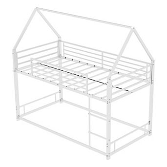Pnronnc Roof Design Twin Bunk Bed for Kids, Metal Bunk Bed Frame with Guardrails, Safe Ladder