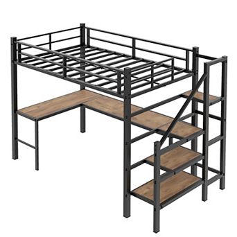 Pnronnc Metal Loft Bed Frame with L-Shaped Desk, Safe Guardrails, Stairs for Kids, Teens