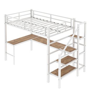 Pnronnc Metal Loft Bed Frame with L-Shaped Desk, Safe Guardrails, Stairs for Kids, Teens