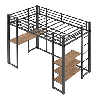 Pnronnc Metal Loft Bed Twin Loft Bed Frame with Desk and Stairs, Safe Guardrails for Kids and Teens