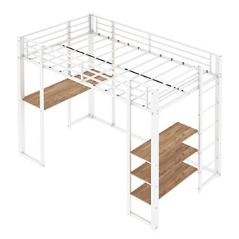 Pnronnc Metal Loft Bed Twin Loft Bed Frame with Desk and Stairs, Safe Guardrails for Kids and Teens