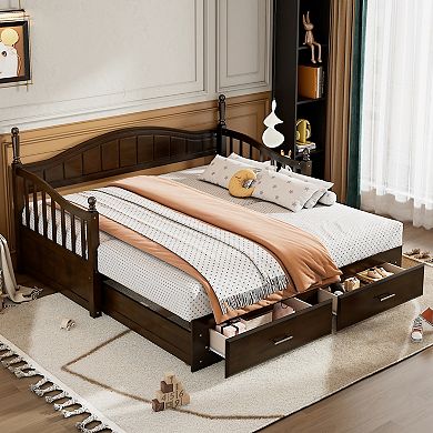 Pnronnc Wooden Twin Size Daybed with Trundle, 2 Storage Drawers, Extendable Sofa Bed Frame
