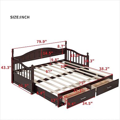 Pnronnc Wooden Twin Size Daybed with Trundle, 2 Storage Drawers, Extendable Sofa Bed Frame