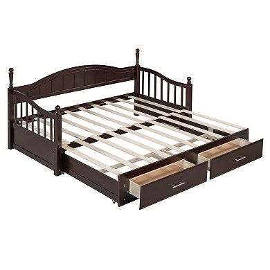 Pnronnc Wooden Twin Size Daybed with Trundle, 2 Storage Drawers, Extendable Sofa Bed Frame