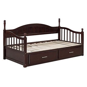 Pnronnc Wooden Twin Size Daybed with Trundle, 2 Storage Drawers, Extendable Sofa Bed Frame
