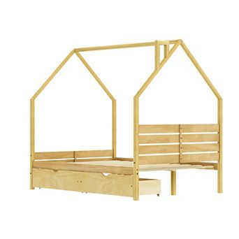 Pnronnc Kids Montessori House Bed Wood Bed Frame with 2 Storage Drawers, Roof Design