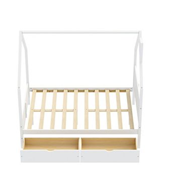 Pnronnc Kids Montessori House Bed Wood Bed Frame with 2 Storage Drawers, Roof Design