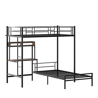 Pnronnc Twin Over Twin L-Shaped Metal Bunk Bed Frame with Desk, Bookcase, Guardrail, Ladder
