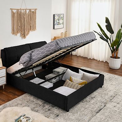 Pnronnc Hydraulic Lift-Up Storage Bed Upholstered Platform Bed Frame with Tufting Headboard