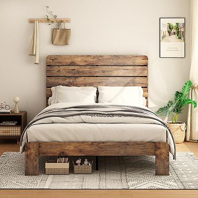 Pnronnc Wooden Platform Bed Frame with Wood Slats Headboard, Metal Frame Support