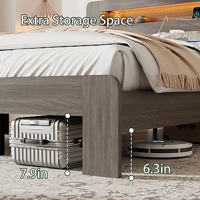 Pnronnc Wood Platform Bed Queen Bed Frame with Charging Station, LED Headboard, Under Bed Storage