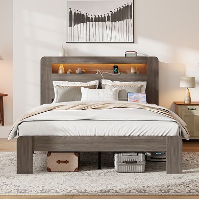 Pnronnc Wood Platform Bed Queen Bed Frame with Charging Station, LED Headboard, Under Bed Storage