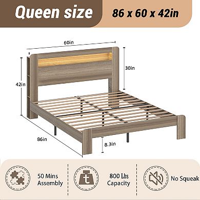 Pnronnc Wood Platform Bed Queen Bed Frame with Charging Station, LED Headboard, Under Bed Storage