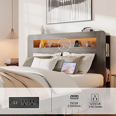 Pnronnc Wood Platform Bed Queen Bed Frame with Charging Station, LED Headboard, Under Bed Storage