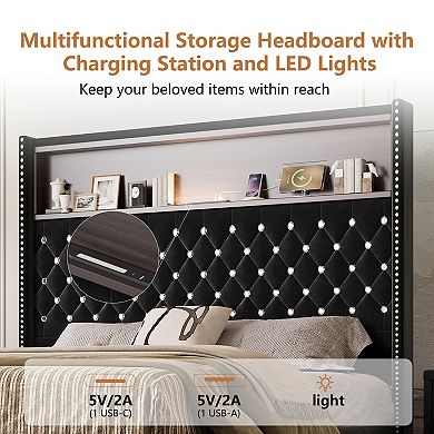 Pnronnc Upholstered Platform Bed Frame USB Port Night Light Crystal Tufting Wingback Headboard Shelf