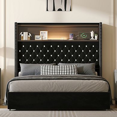 Pnronnc Upholstered Platform Bed Frame USB Port Night Light Crystal Tufting Wingback Headboard Shelf