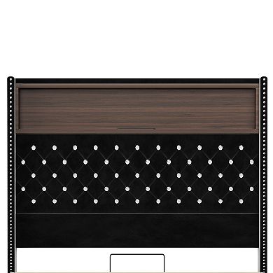 Pnronnc Upholstered Platform Bed Frame USB Port Night Light Crystal Tufting Wingback Headboard Shelf