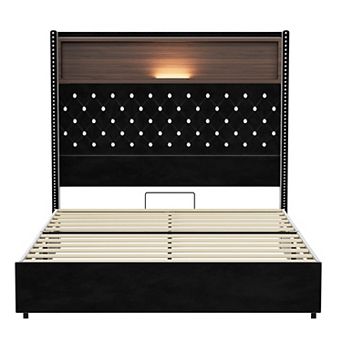 Pnronnc Upholstered Platform Bed Frame USB Port Night Light Crystal Tufting Wingback Headboard Shelf