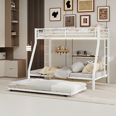 Pnronnc Metal Bunk Bed Frame with Rolling Trundle, Ladders on Both Sides, Guardrails