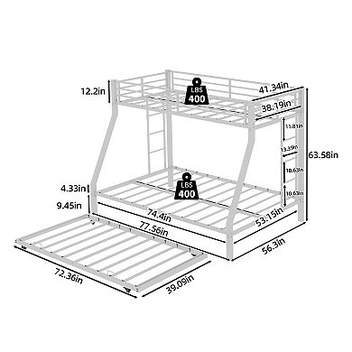 Pnronnc Metal Bunk Bed Frame with Rolling Trundle, Ladders on Both Sides, Guardrails