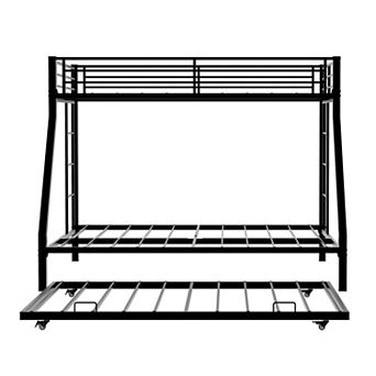 Pnronnc Metal Bunk Bed Frame with Rolling Trundle, Ladders on Both Sides, Guardrails