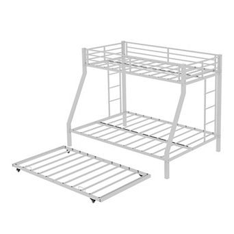 Pnronnc Metal Bunk Bed Frame with Rolling Trundle, Ladders on Both Sides, Guardrails