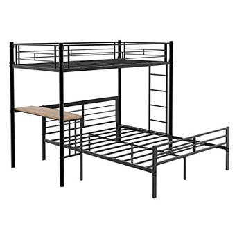 Pnronnc Twin Over Full Metal Bunk Bed with Built-In Desk, Guardrails, Staircase Climbing