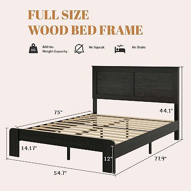 Pnronnc Wooden Bed Frame Platform Bed with Headboard, Metal Frame Support, Wood Slat Support