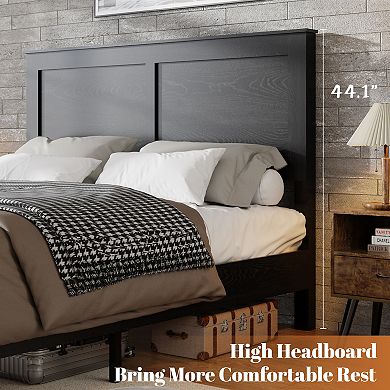 Pnronnc Wooden Bed Frame Platform Bed with Headboard, Metal Frame Support, Wood Slat Support